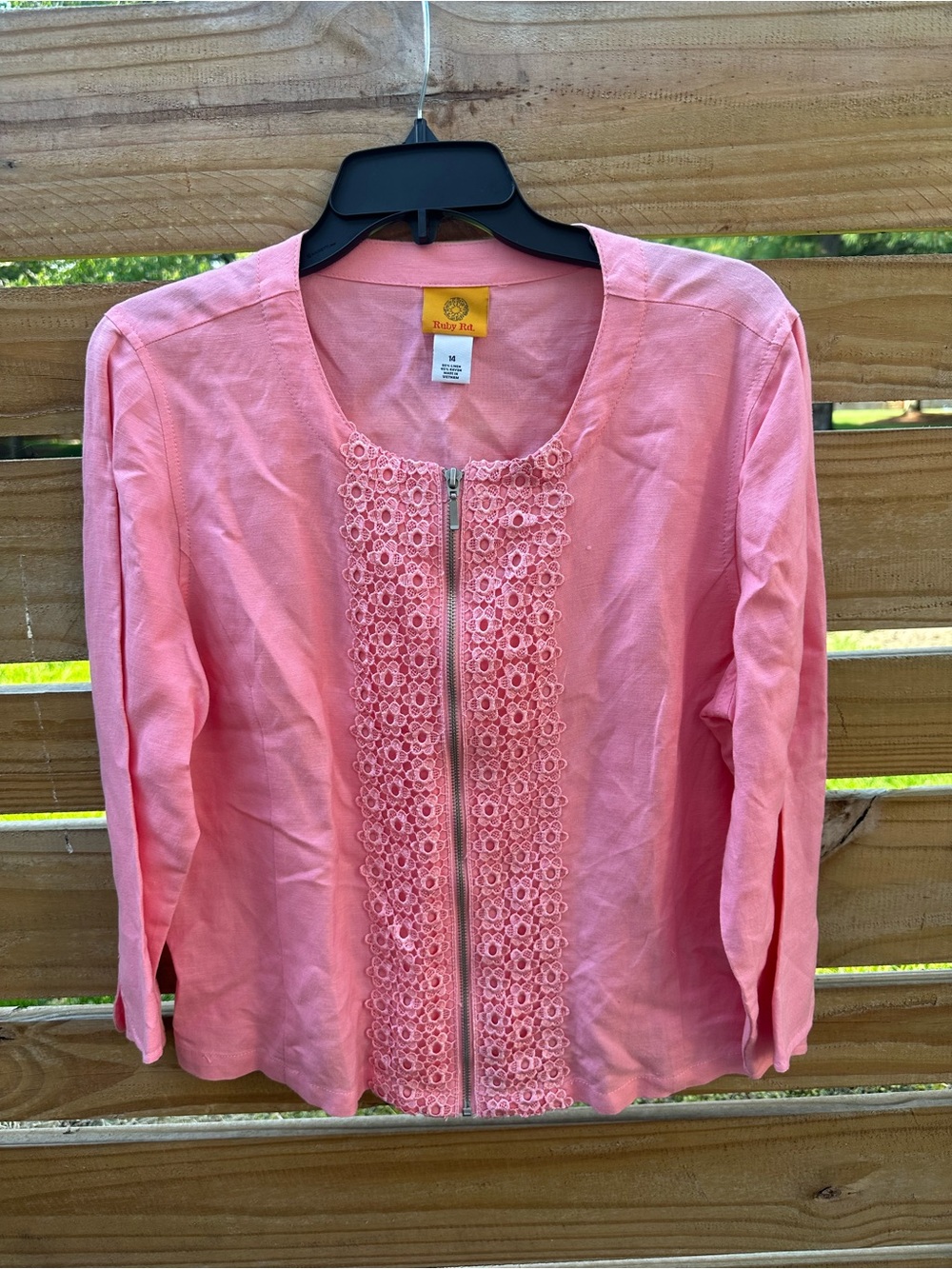 Ruby Rd. Pink Linen Crochet Zip Cardigan Sweater Women's Crew Neck 3/4 Sleeve 14